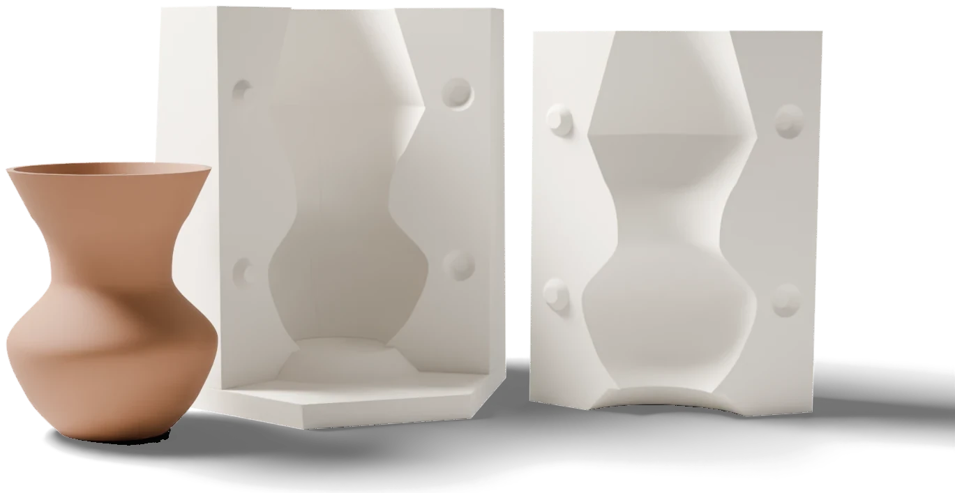 A 4-part plaster mold Moldy planned for a round-bellied vase: three side parts and a base, with the vase